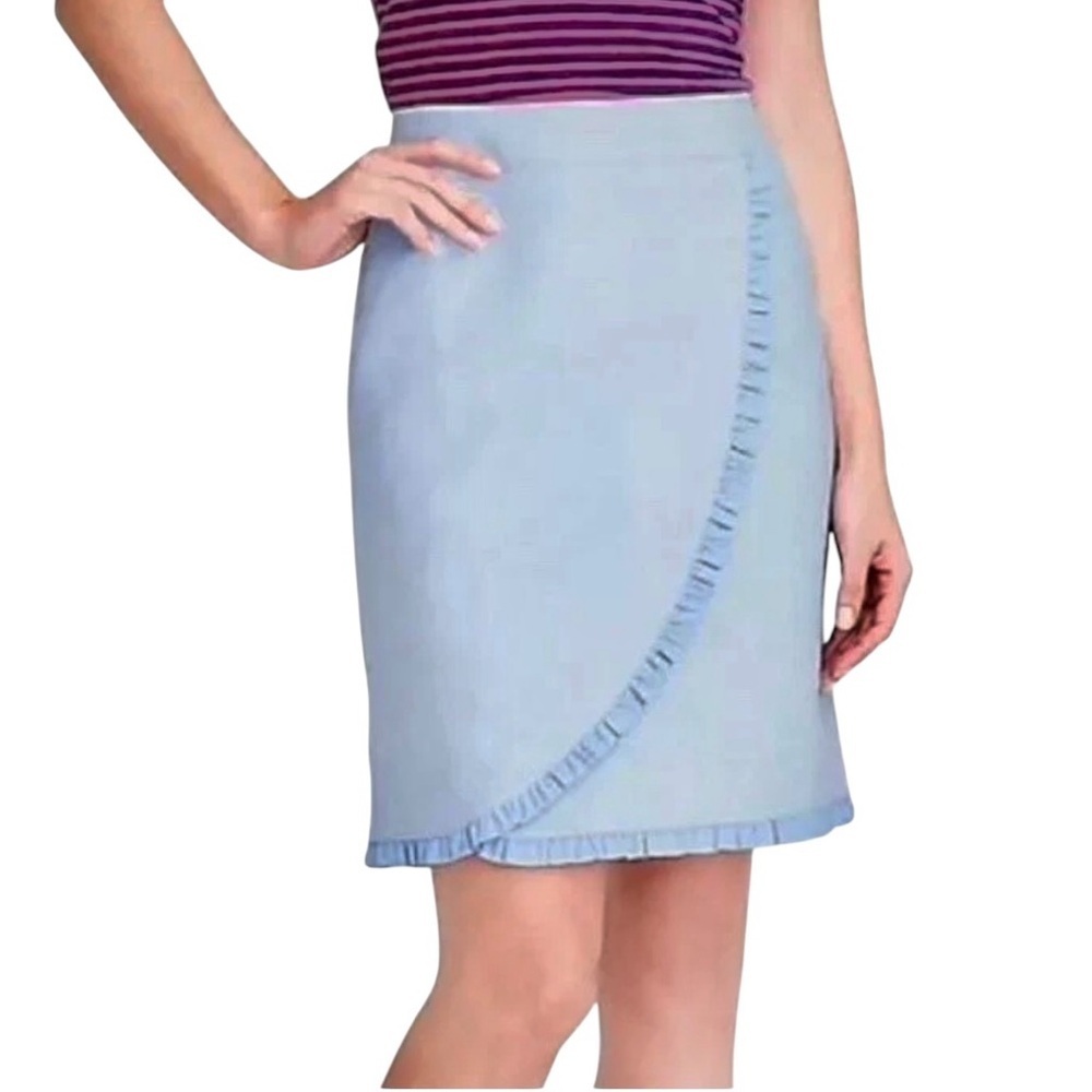 J. Crew Blue Chambray Oxford Ruffle Faux Wrap Pencil Skirt Preppy Size 10 - Picture 1 of 10